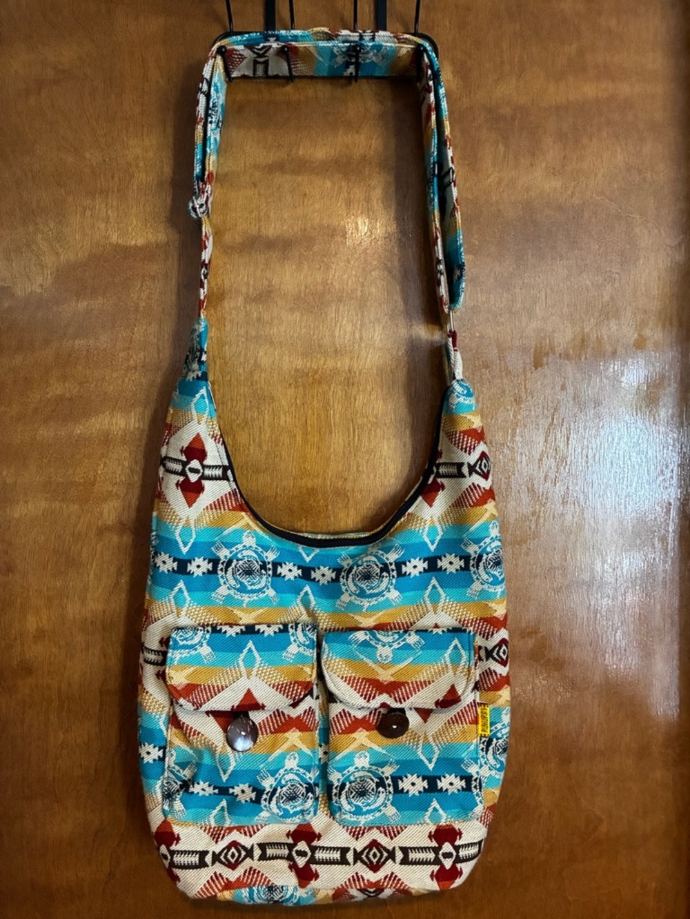 Rukuray Turquoise Multi-Pattern Aztec Boho Shoulder Bag with Sea Turtle Print